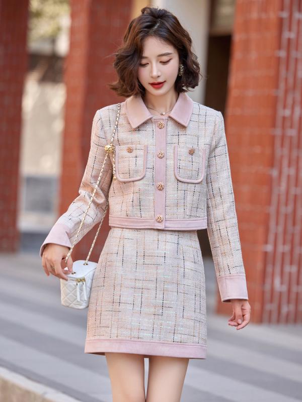 セットアップ レディース 秋冬 フレンチ スタイル 千鳥格子 ピンク 切り替え スエード調 スカートスーツ ツーピース
