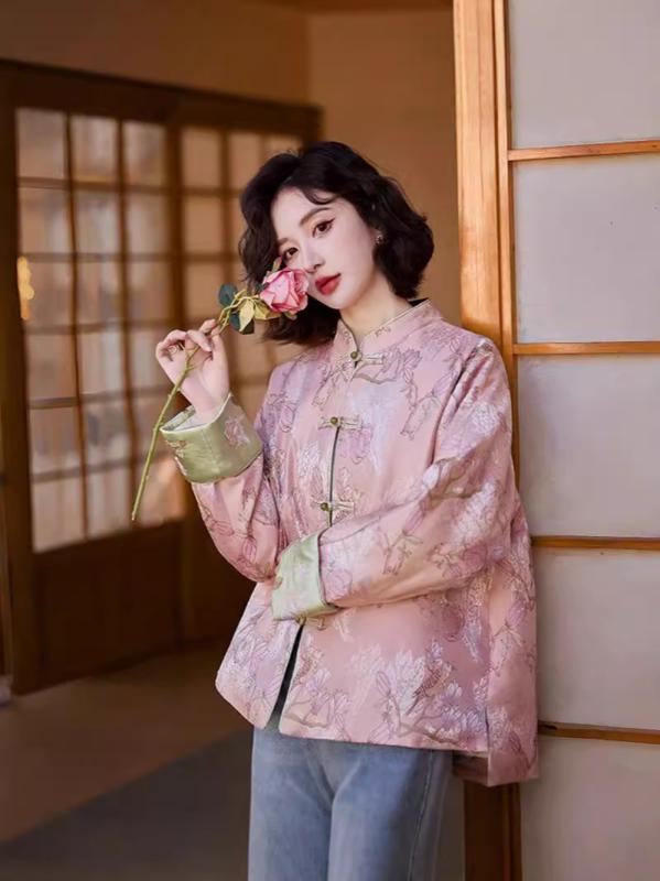 ダウンジャケット レディース チャイナ風 レトロモダン 刺繍 90%ダウン チャイナボタン ハーフネック ポケット付き ショート丈 軽量 防寒 ポリエステル アウター 秋冬 上品 きれいめ 普段使い お出かけ