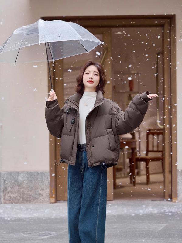 ダウンジャケット レディース 女性用 ショート丈 低身長向け 厚手 防寒 保温 ダウン フード付き ゆったり カジュアル きれいめ アウター 秋冬 ブラック ブラウン系