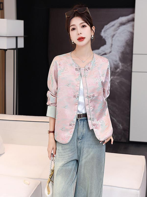 ジャケット レディース モダンチャイナ風 唐装風 レトロ 春夏 花柄プリント チャイナボタン ショート丈 長袖 ラウンドネック 配色 ジャ..