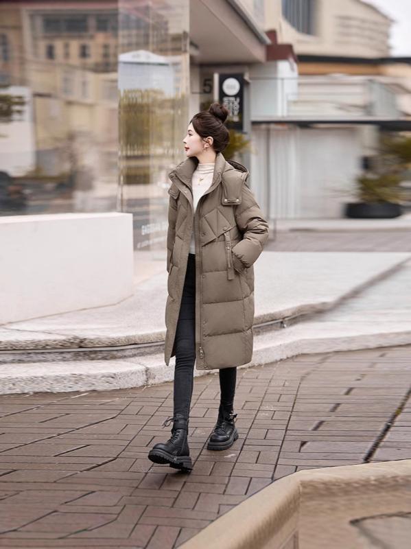 ・カテゴリ: ダウンジャケット・主な素材: ポリエステル90～95%・中綿: 白ダックダウン・ダウン含有率: 86～90%・ダウン充填量: 101～200g・厚さ: 厚手・フィット: ルーズ・ネックライン: フード付き・袖丈: 長袖・袖タイプ: パフスリーブ・着丈: ロング丈（80～100cm）・前立て: ファスナー・要素: ポケット・スタイル: 日韓カジュアル、快適カジュアル・対象年齢層: 成人・対象性別: 女性・カラー展開: コーヒー、ブラック、パープル・サイズ展開: S、M、L