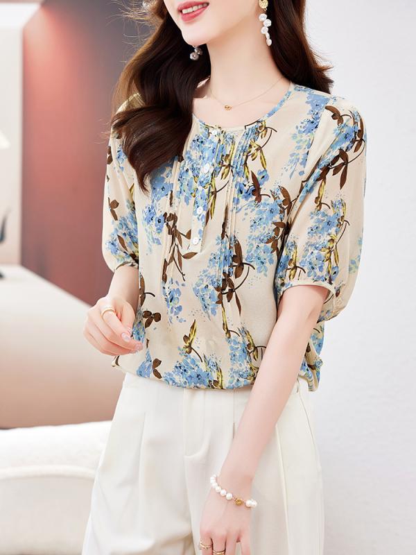 ブラウス レディース 桑蚕 クレープ織り 5分袖 パフスリーブ ラウンドネック リーフ柄 エレガント 細見え ギャザー 春夏 通勤 オフィス お出かけ