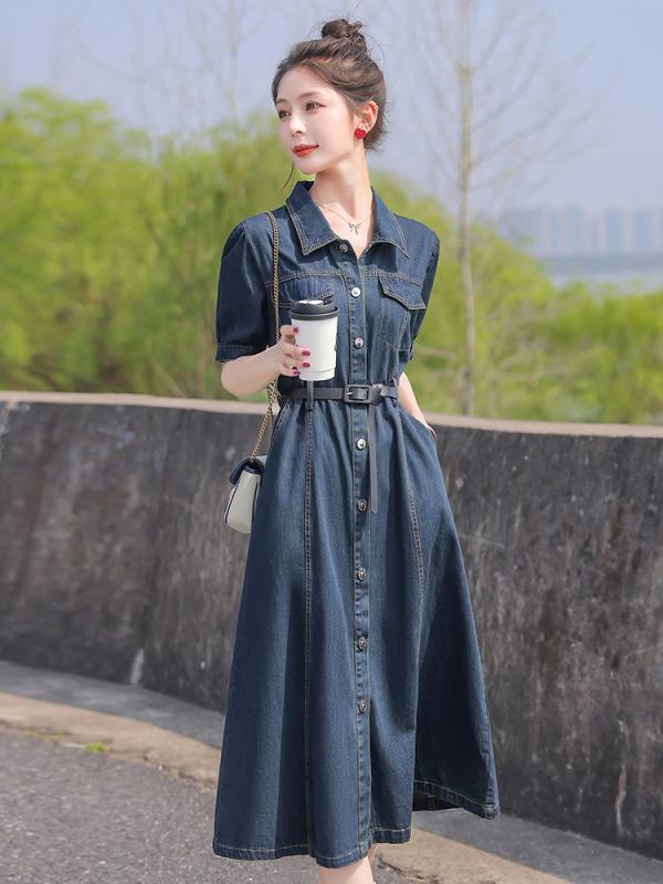 ワンピース レディース 韓国ファッション エレガント 上品 おしゃれ きれいめ 若見え 細見え デニム Aライン ミディ丈 半袖 パフスリーブ ハイウエスト ウエストマーク ベルト付き 切り替え 襟付き シングルボタン 春夏 カジュアル