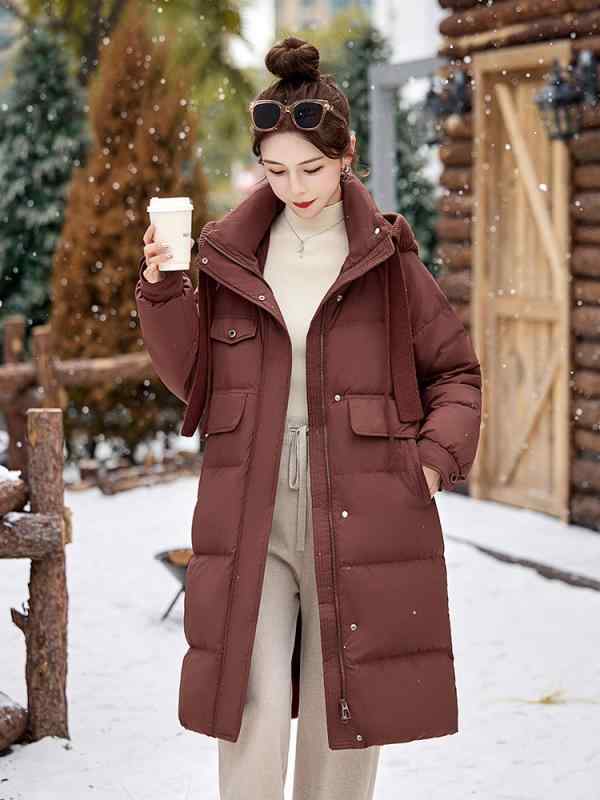 ダウンコート レディース 秋冬 韓国 カジュアル ウエストマーク フード付き ロング丈 膝下丈 ゆったり ダウン 厚手 暖かい ポケット付き ファスナー付き ポリエステル ブラック グレー