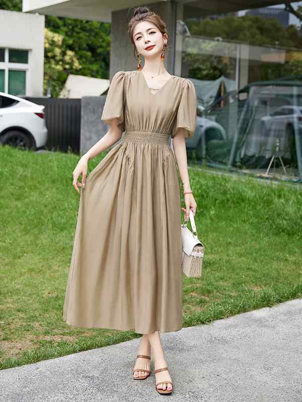 ワンピース 春夏 韓国ファッション Vネック ウエストマーク 細見え 無地 テンセル 接触冷感 ウエストゴム Aライン ロング丈 パフスリーブ 五分袖 切り替え プリーツ