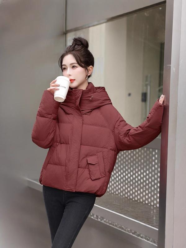 ダウンジャケット レディース 韓国 秋冬 ウエストマーク フード付き ショート丈 アウター ダウン おしゃれ カジュアル 暖かい ポリエステル ブラック カーキ レッド