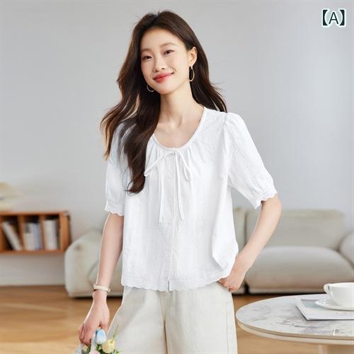 シャツ レディース 春夏 定番 シンプルベーシック 半袖 プルオーバー ブラウス パフスリーブ クルーネック 刺繍 レース透かし編み コットン綿 フェミニン 着回し オフィス 普段使い 通気性 カジュアル ブルー アイボリー