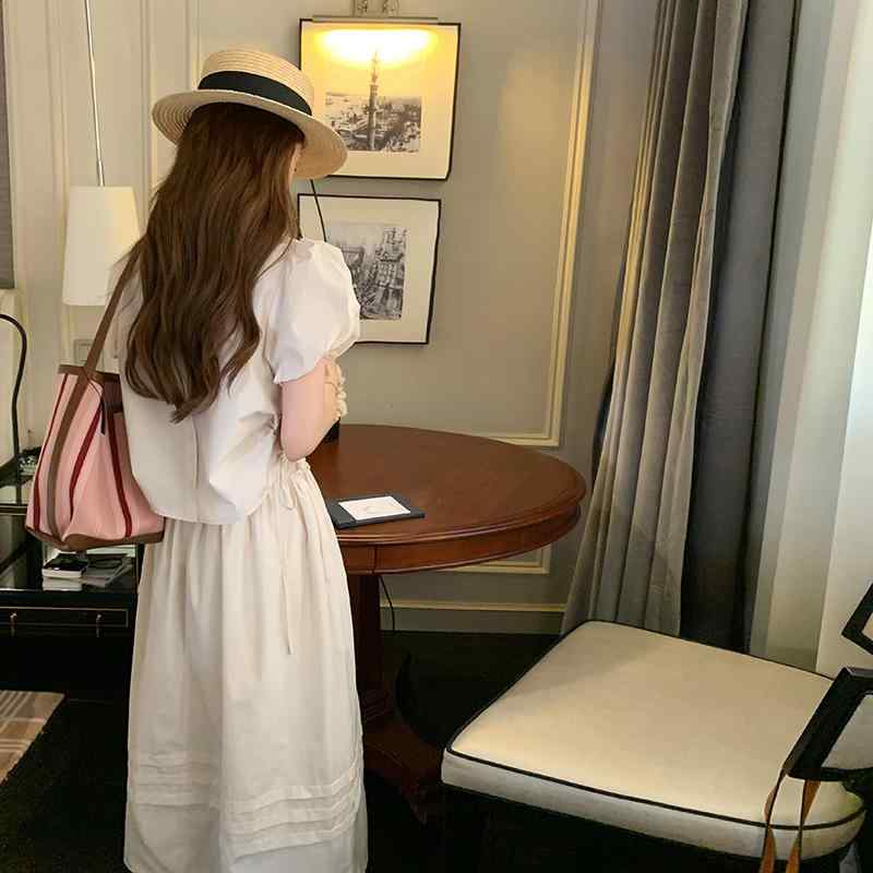 セットアップ レディース パフスリーブ かわいい ミディ丈スカート 2点セット クール シンプル きれいめ 春夏 ポリエステル 綿 お出かけ 普段使い