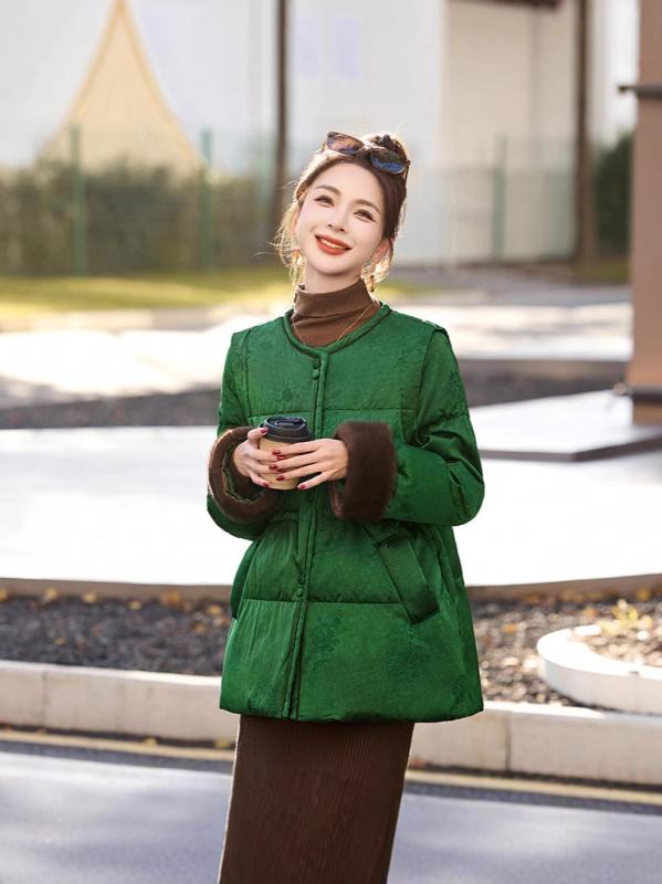 ダウンジャケット レディース 秋冬 グリーン袖口 ミンク ビスコース ジャガード刺繍 ダックダウン ミドル丈 ゆったり アウター コート
