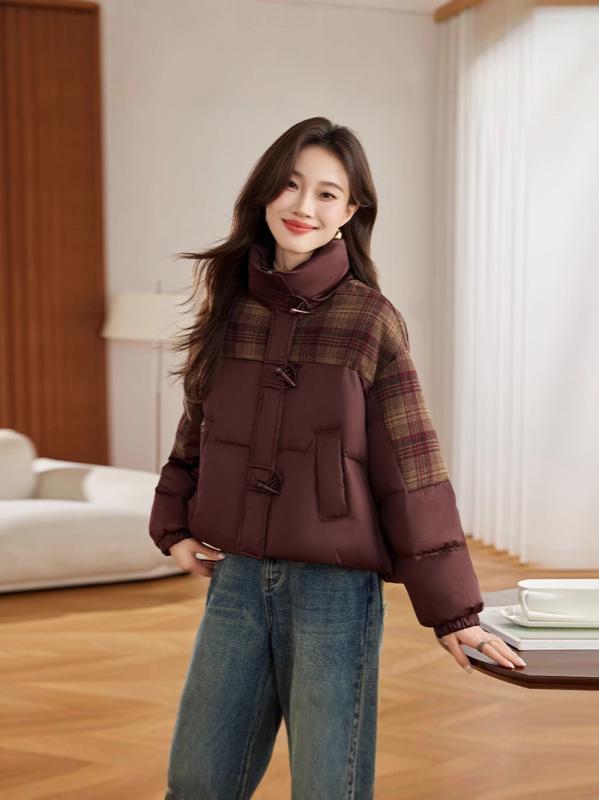 ダウンジャケット レディース 女性用 チェック柄 切り替え 厚手 ゆったり ルーズフィット 立ち襟 ダウン ポリエステル アウター カジュアル 秋冬 普段使い デイリーユース