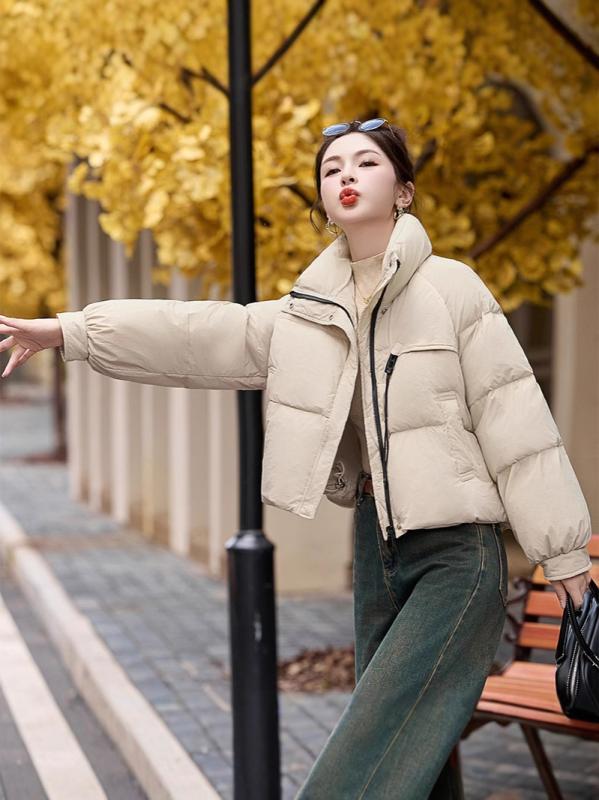 ダウンジャケット レディース 学生 小柄さん向け ショート丈 ゆったり オーバーサイズ スタンドカラー 白ダックダウン 高配合 厚手 保温 防寒 ジップアップ ポリエステル カジュアル ファッション 日韓風 アウター 秋冬
