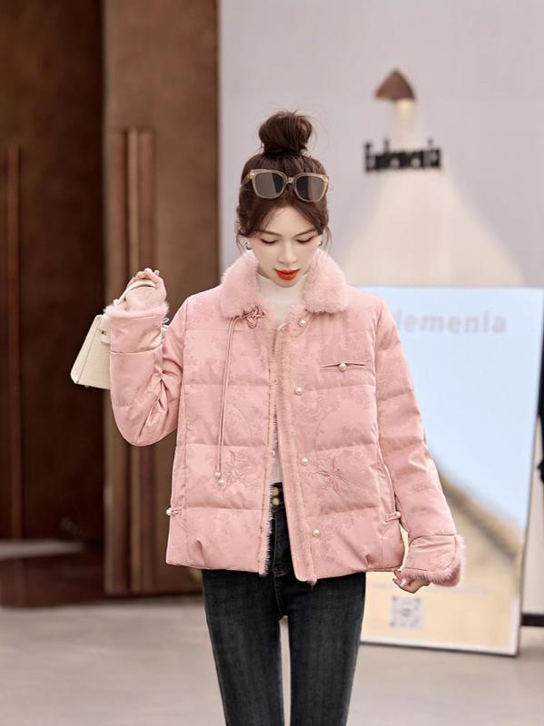 ダウンジャケット レディース ジャガード刺繍 ダウン ポリエステル 厚手 ゆったり ルーズフィット フード付き ミドル丈 ポケット ジップアップ カジュアル 秋冬 アイボリー ピンク アウター