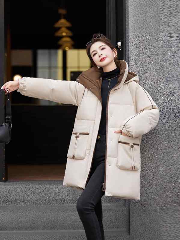 中綿ジャケット レディース 冬 小柄 低身長 厚手 防寒 アウター 配色切り替え 韓国 フード付き ゆったり オーバーサイズ ミドル丈 カジュアル あったか 保温コート
