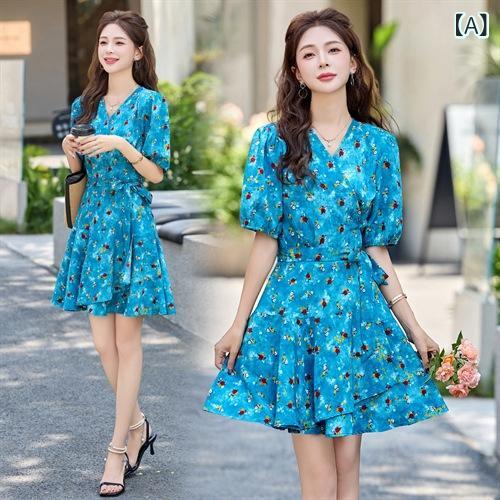 ワンピース レディース 春夏 上品 エレガント フレンチスタイル Vネック パフスリーブ 半袖 ハイウエスト ウエストマーク Xライン 着痩せ 細見え 切り替え 小花柄 フローラルプリント 赤バラ柄 ポリエステル ミモレ丈 通勤 デート