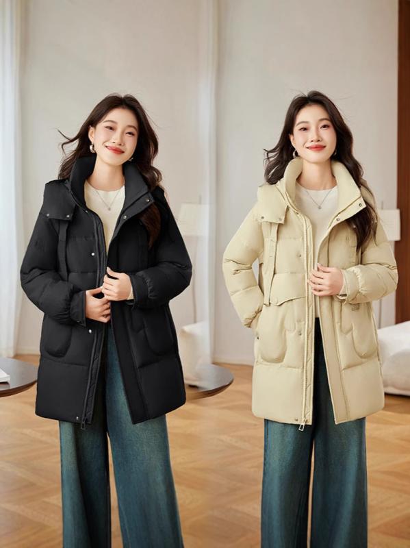 ダウンコート レディース 冬 フード付き ダウン ミドル丈 ウエストシェイプ エレガント カジュアル 防寒 保温 アウター 厚手 普段使い お出かけ