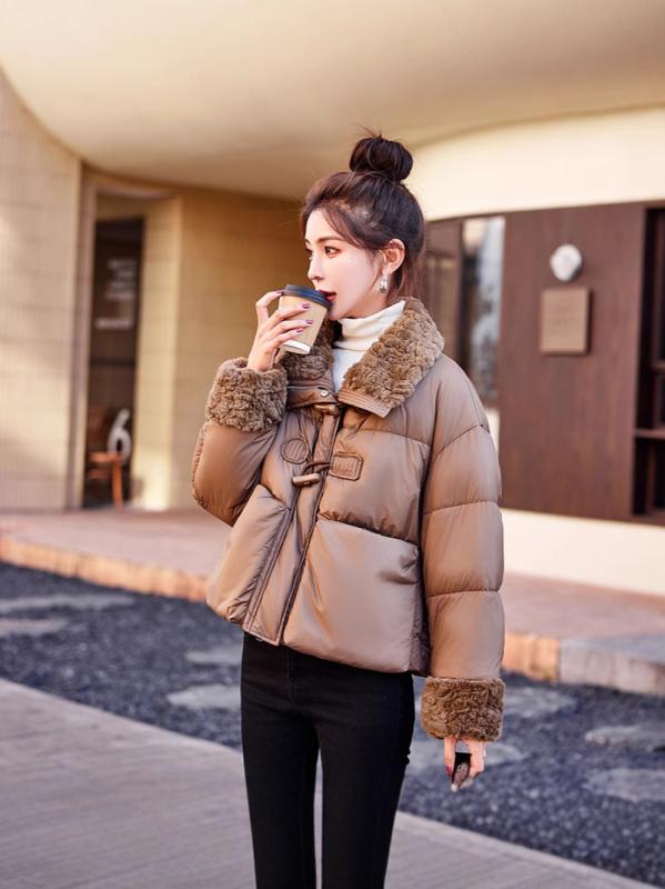 ダウンジャケット レディース ショート丈 ボア 切り替え 90%白ダックダウン 襟付き ポケット付き ジップアップ ルーズシルエット 保温 防寒 アウター カジュアル 秋冬 コーヒー ブラウン