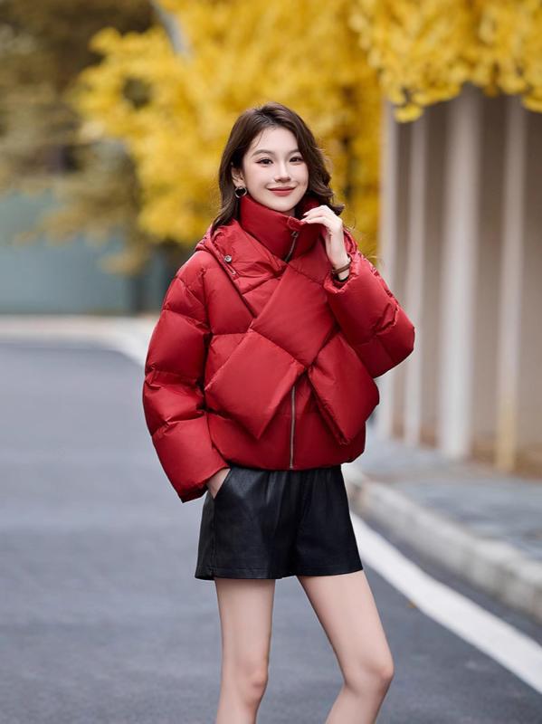 ダウンジャケット レディース 低身長 小柄 ショート丈 フード付き 白ダックダウン ゆったり カジュアル おしゃれ トレンド 秋冬 デイリーユース 厚手 防寒 アウター ブラック オフホワイト