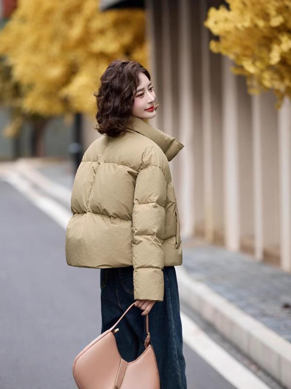 ダウンジャケット レディース 90% 白ダックダウン 厚手 防寒 暖かい ボリューム フード付き ルーズシルエット ファスナー ポケット ポリエステル カジュアル 韓国 秋冬 ブラック シャンパンカラー