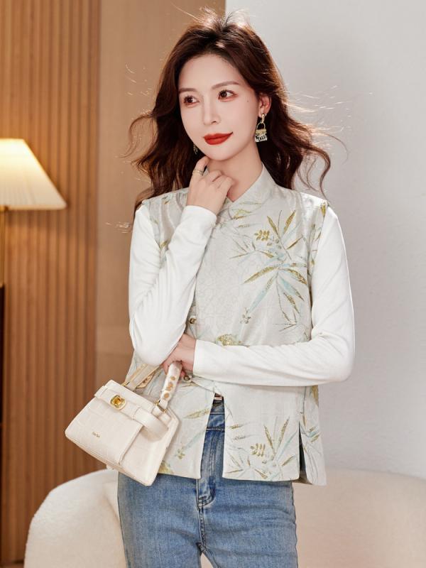 ベスト レディース ジャカード ホットスタンプ 竹の葉柄 レトロ ヴィンテージ風 新チャイナ風 ゆったり ルーズフィット 体型カバー 細見え 秋冬