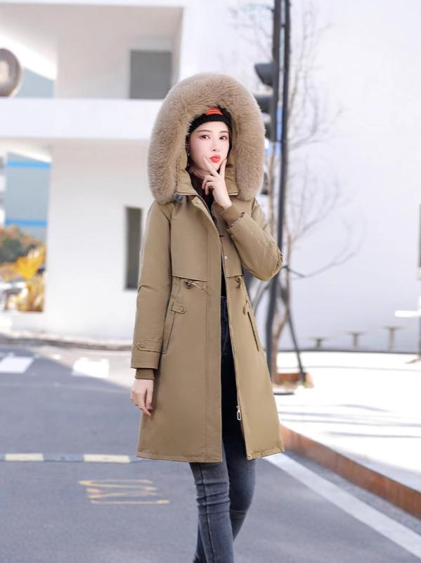 中綿パーカーコート レディース ロング丈 冬物 ゆったり カジュアル 韓国ファッション 厚手 ファー付きフード ポケット ジップアップ ポリエステル中綿 長袖 おしゃれ 万能