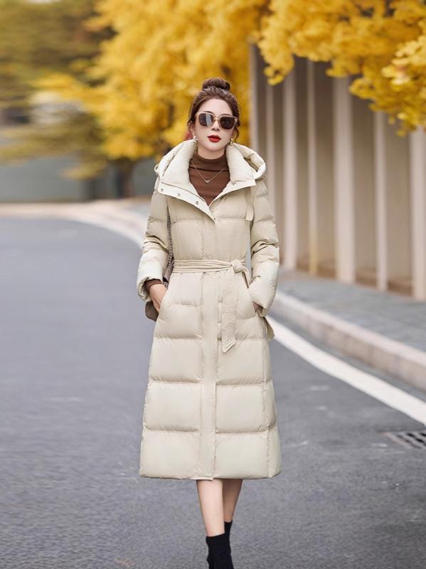ダウンジャケット レディース 秋冬 韓国 ウエストシェイプ フード付き ロング丈 ひざ丈 ゆったり 厚手 ダウン ポリエステル 長袖 ポケット付き ファスナー カジュアル アウター コート