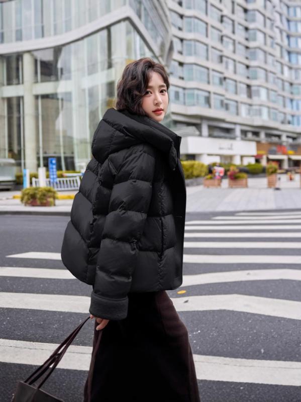 ダウンジャケット レディース ショート丈 秋冬 ダウン 厚手 防寒 暖かい フード付き ジップアップ ポケット付き カジュアル ゆったり ルーズフィット 性 レザー切り替え アウター ブラック アイボリー ブラウン