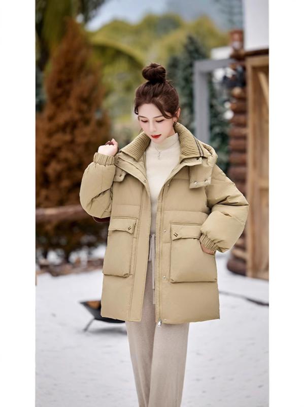 ダウンジャケット レディース 女性用 冬 韓国 ウエストマーク ウエストシェイプ フード付き フーディー ロング丈 膝下 ゆったり オーバーサイズ ダウン ポリエステル アウター 厚手 カジュアル カーキ ブラック