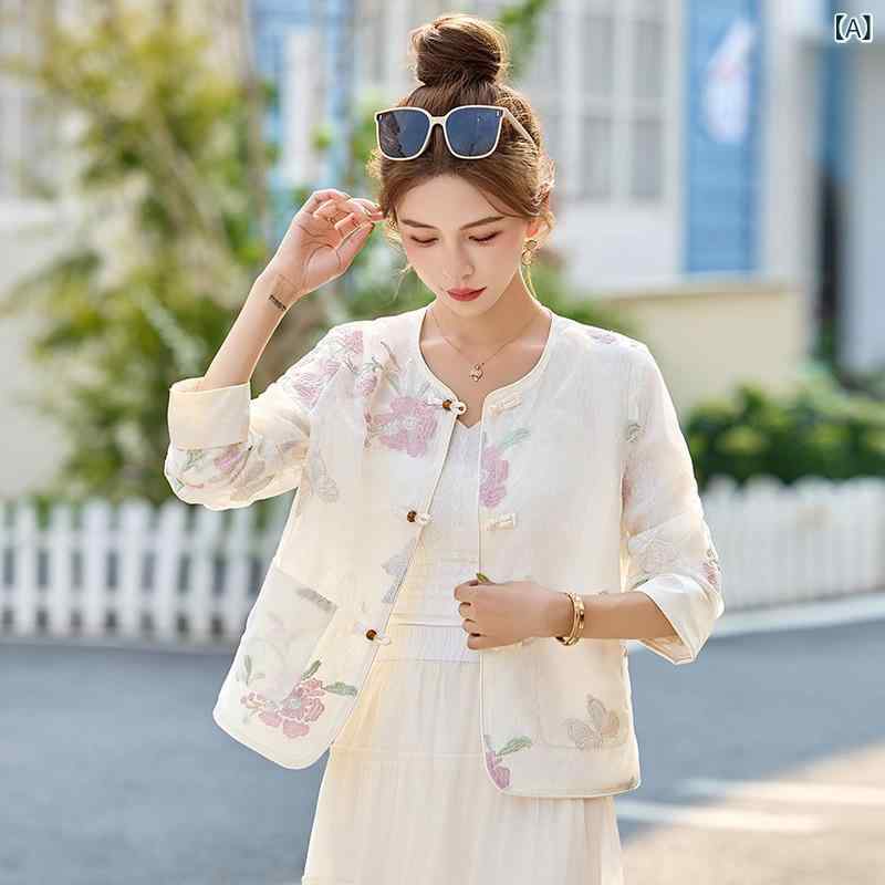 カーディガン レディース 春夏 新中国風 エスニック チャイナスタイル UVカット 日焼け防止 ピンク 小花柄 刺繍 パフスリーブ 薄手 レトロ ヴィンテージ風 カジュアル