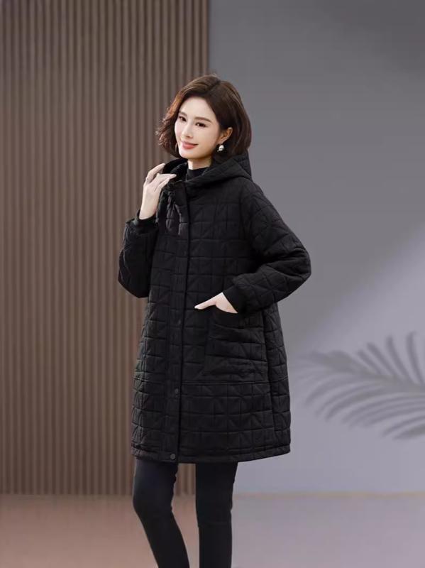中綿ジャケット レディース ミセス ママ キルティング ミドル丈 秋冬 ゆったり オーバーサイズ 軽量 フード付き ファスナー 長袖 ポケット付き カジュアル ポリエステル 厚手