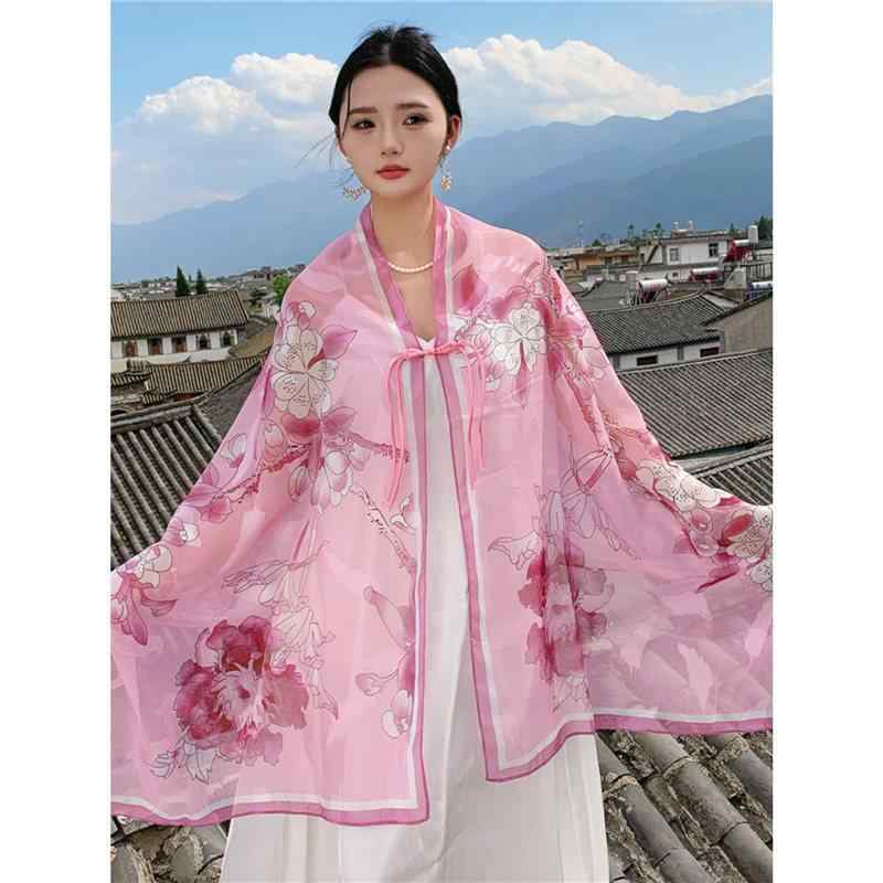 ケープ レディース チャイナ風 民族風 漢服 ショール 春夏 UVカット 日焼け対策 ボタン 花柄 羽織り 旅行 観光 撮影用