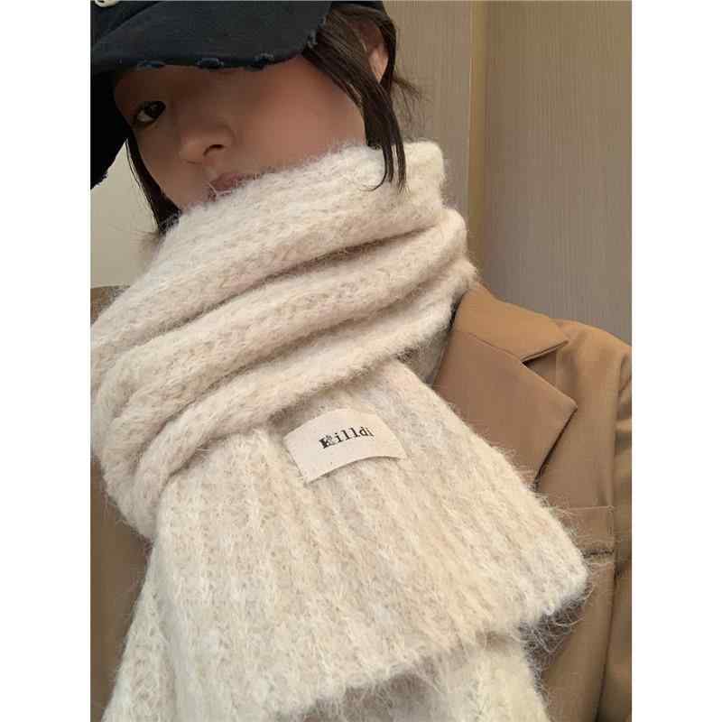 マフラー 男女兼用 秋冬 ロング丈 ニット モヘア混 ポリエステル混紡 無地 保温 暖かい カジュアル 普..