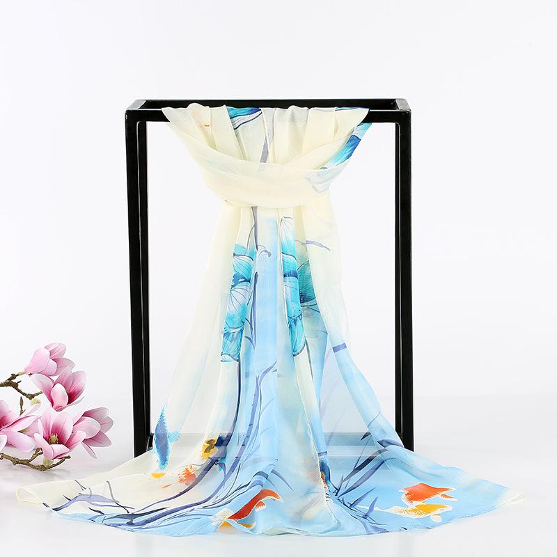 スカーフ レディース シフォン ジョーゼット ストール インク画 細長 ロング 薄手 軽量 接触冷感 春夏 ..