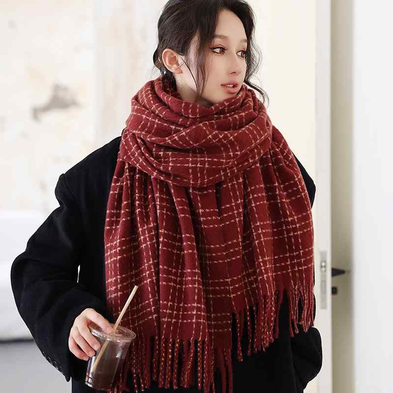 マフラー レディース カップル ペア 大判 ロング フェイクウール 厚手 チェック柄 レトロ クラシック ..