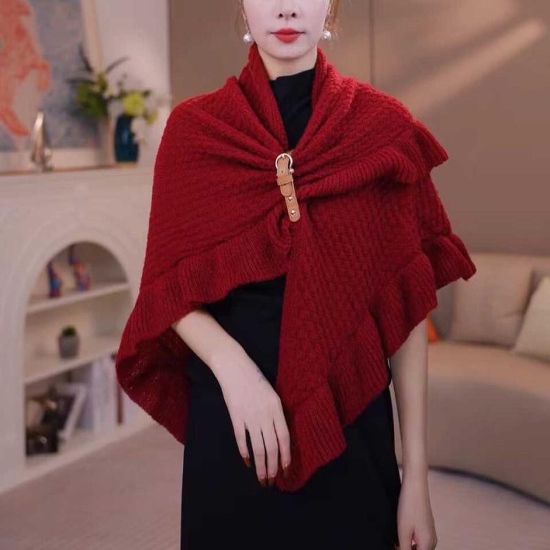 ポンチョ レディース ニット タッチ レザー調バックル 三角形 上品 エレガント あたたかい 着回し 秋冬 ショール ストール ブラック ベージュ レッド