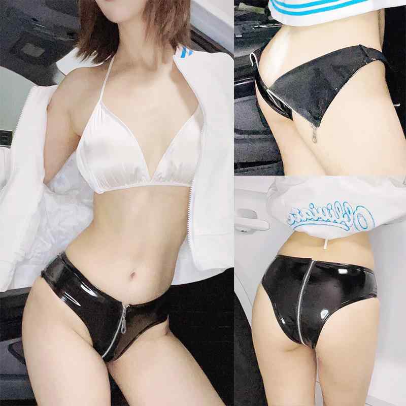 ランジェリー レディース セクシー 欧米スタイル PVC エナメル 光沢感 ジッパー開閉 クロッチオープン ショートパンツ ボトムス ナイトウェア ブラック