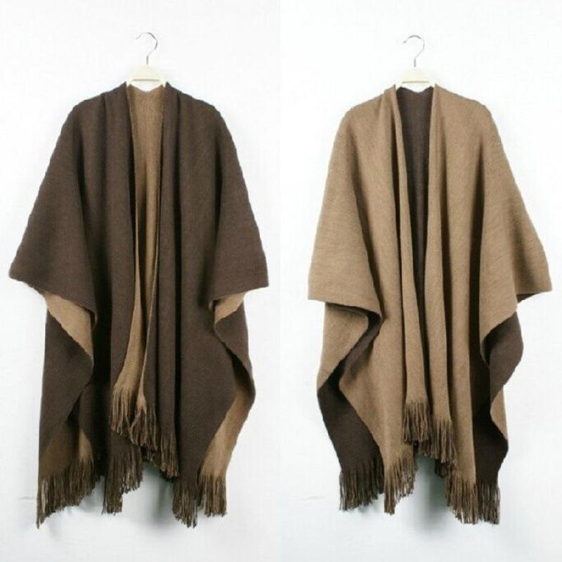 レディース ショール ポンチョ 秋冬 両面ニット リバーシブル フリンジ スリット ストール マフラー 大判 ゆったり 機能性 防寒 通勤 普段使い(4)