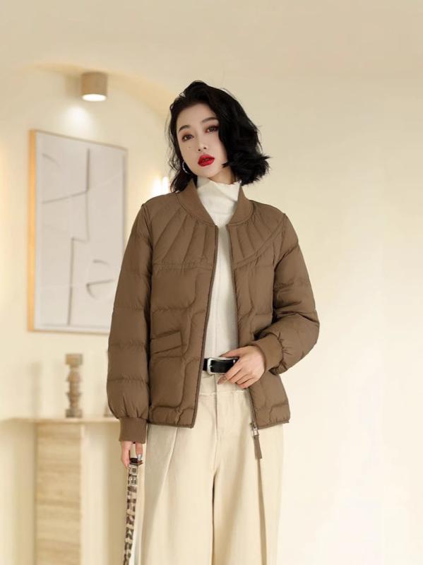 ダウンジャケット レディース スタンドカラー リブ切り替え ショート丈 長袖 鴨ダウン 90%ダウン ふわふわ 軽量 保温 厚手 ゆったり ルーズ カジュアル 秋冬 防寒対策 ブラック アイボリー