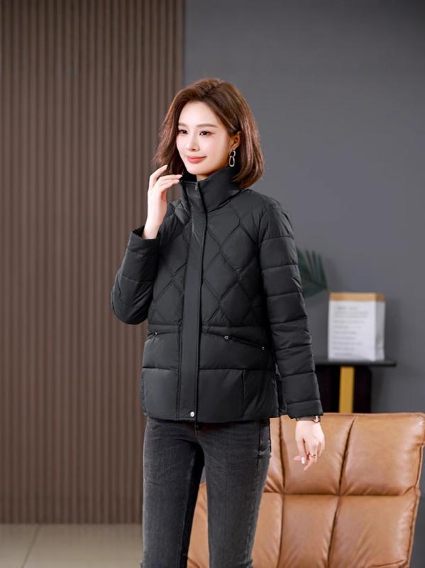 中綿ジャケット レディース 低身長向け 小柄 保温 暖かい 秋冬 厚手 ゆったり ルーズフィット スタンドカラー ファスナー ポケット付き ポリエステル カジュアル コート アウター ブラック カーキ 長袖 レギュラー丈 普段使い 防寒