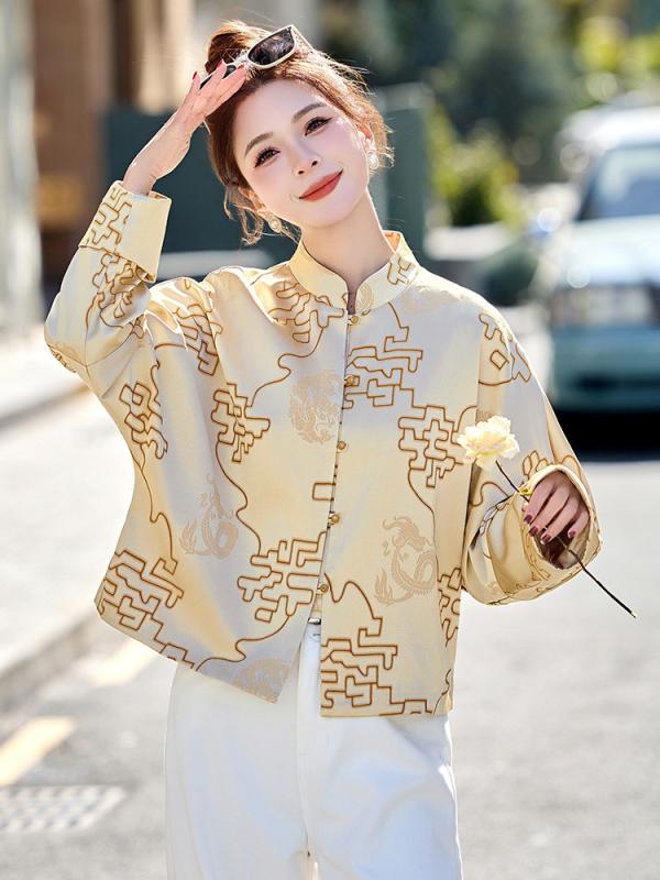 ジャケット レディース 中国風 エスニック ジャガード織り 織柄 チャイナボタン ショート丈 ハイネック 長袖 上品 エレガント 若見え ゆったり ポリエステル 幾何学柄 春夏 アウター