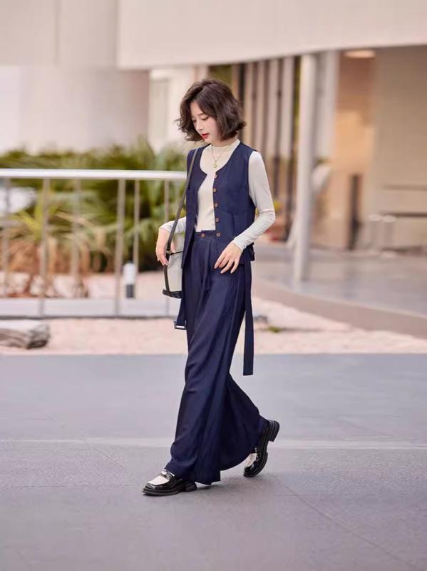 セットアップ レディース 秋 スリーピース ベスト ジレ ワイドパンツ 香港スタイル レトロ おしゃれ 若見え エイジレス エレガント 上品 きれいめ 通勤 オフィス ポリエステル ブルー ブラック ワインレッド