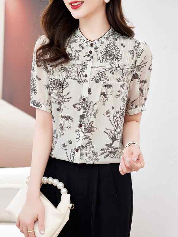 ブラウス レディース 桑蚕 クレープ プリント 小花柄 半袖 上品 エレガント 着痩せ 細見え 高級感 通勤 オフィス 春夏 トップス