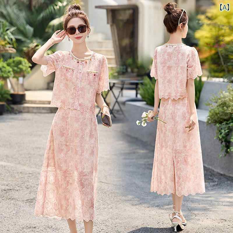 セットアップ レディース 春夏 上質感 おしゃれ レース スパンコール装飾 立体装飾 刺繍 小花柄 半袖 パフスリーブ ラウンドネック ハイウエスト Aライン ミディ丈 ポリエステル ピンク イエロー ブルー きれいめ エレガント お呼ばれ デート