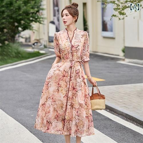 ワンピース 春夏 ピンクベージュ 小花柄 Vネック パフスリーブ 五分袖 Aライン ハイウエスト ウエストリボン ミモレ丈 再生繊維 麻 カジュアル 上品 エレガント 普段使い デート