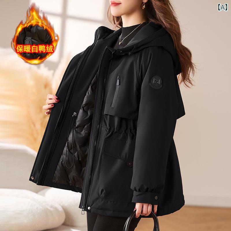 ダウンジャケット レディース 白ダックダウン 厚手 フード付き パーカーコート ミドル丈 長袖 ゆったり ルーズシルエット ポリエステル素材 フロントジップ 秋冬 リラックスカジュアル ポケットあり