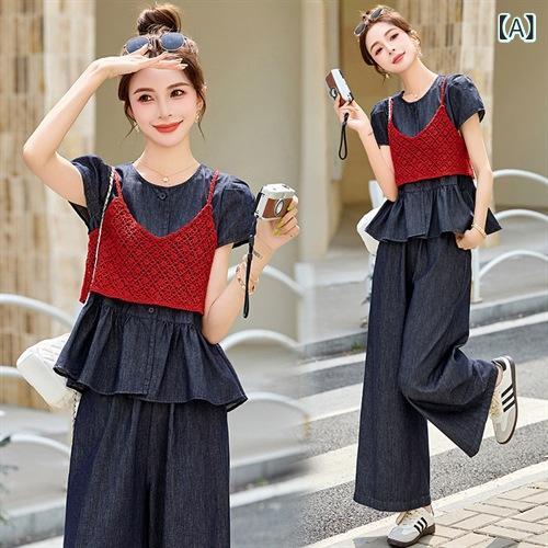 セットアップ レディース パンツスタイル スリーピース ウォッシュデニム コットン 春夏 パフスリーブ 半袖 ロングパンツ カットアウト フェミニン トレンド 若見え レッド