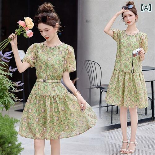 ワンピース レディース 新チャイナ風 フレンチ ドレス エレガント 花柄プリント 体型カバー 細見え 夏 ミディ丈 Aライン ラウンドネック パフスリーブ 半袖 ハイウエスト ベルト付き ポリエステル お呼ばれ 普段使い 大人可愛い グリーン