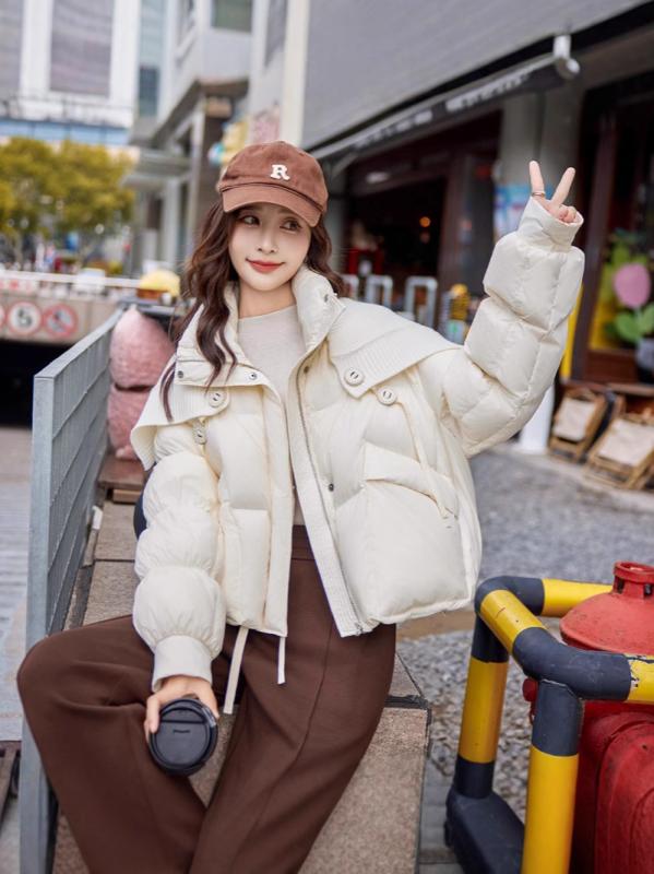 ダウンジャケット レディース 女性用 ゆったり ビッグシルエット ショート丈 秋冬 厚手 防寒 暖かい 韓国 カジュアル スタイリッシュ ポリエステル ダウン 中綿 スクエアネック 長袖 ジッパー ポケット付き ブラック オフホワイト ブラウン