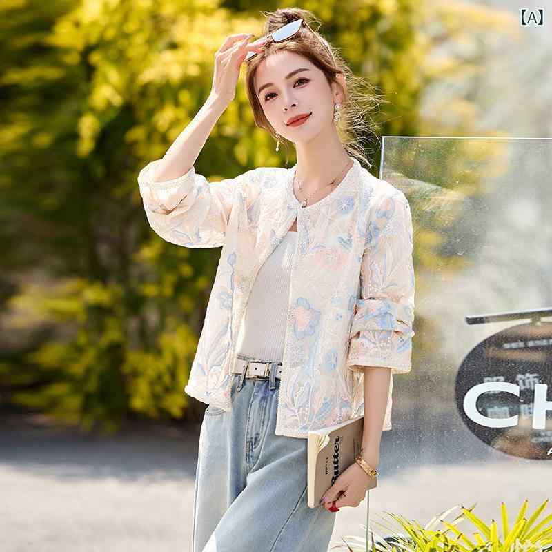 アウター レディース 高級感 刺繡 レース パフスリーブ 長袖 ブルー 紫外線対策 シェニール ポリエステル 薄手 伸縮性 春夏 ジャケット 羽織り エレガント 上品