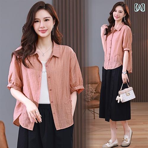 ブラウス レディース 半袖 襟付き パフスリーブ 切り替え スリム 上品 エレガント 若見え 体型カバー 通気性 再生繊維 テンセル混 通勤 オフィス 普段使い カジュアル 春夏 ピンク カーキ