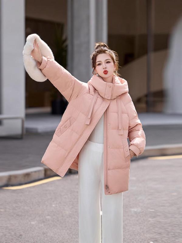 ダウンジャケット レディース ミドル丈 フード付き スタンドカラー 厚手 暖かい 防寒 保温性 ダウン ポリエステル素材 ゆったり オーバーサイズ カジュアル アウター 秋冬